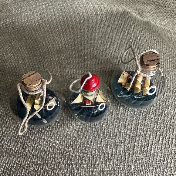 Ship in a bottle glass ball ornaments sailboat on the sea round Set of 3 - Picture 4 of 9